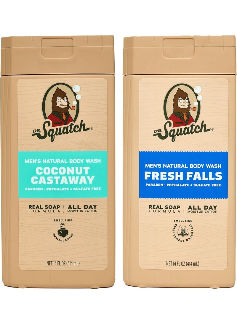 Dr. Squatch Natural Men's Body Wash Shower Gel - Cleansing, Nourishing, Long Lasting Scent, Moisturizing Body Wash for Men - Fresh Falls + Coconut Castaway (14 oz, 2-Pack)